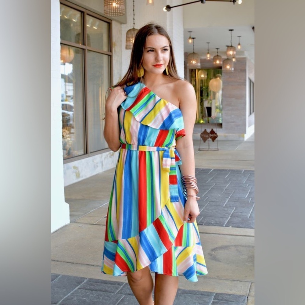 Rainbow Ruffle One Shoulder Stripe Midi Dress Cali Girl Dopamine Dressing M - Picture 6 of 14